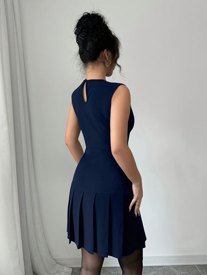 Elegant Pleated Mini Dress for Women with Round Neck Sleeveless Fit and Flare Cocktail Style