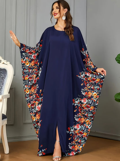 Elegant Floral Print Kaftan Maxi Dress for Women with Round Neck Batwing Sleeve Flowing Bohemian Style
