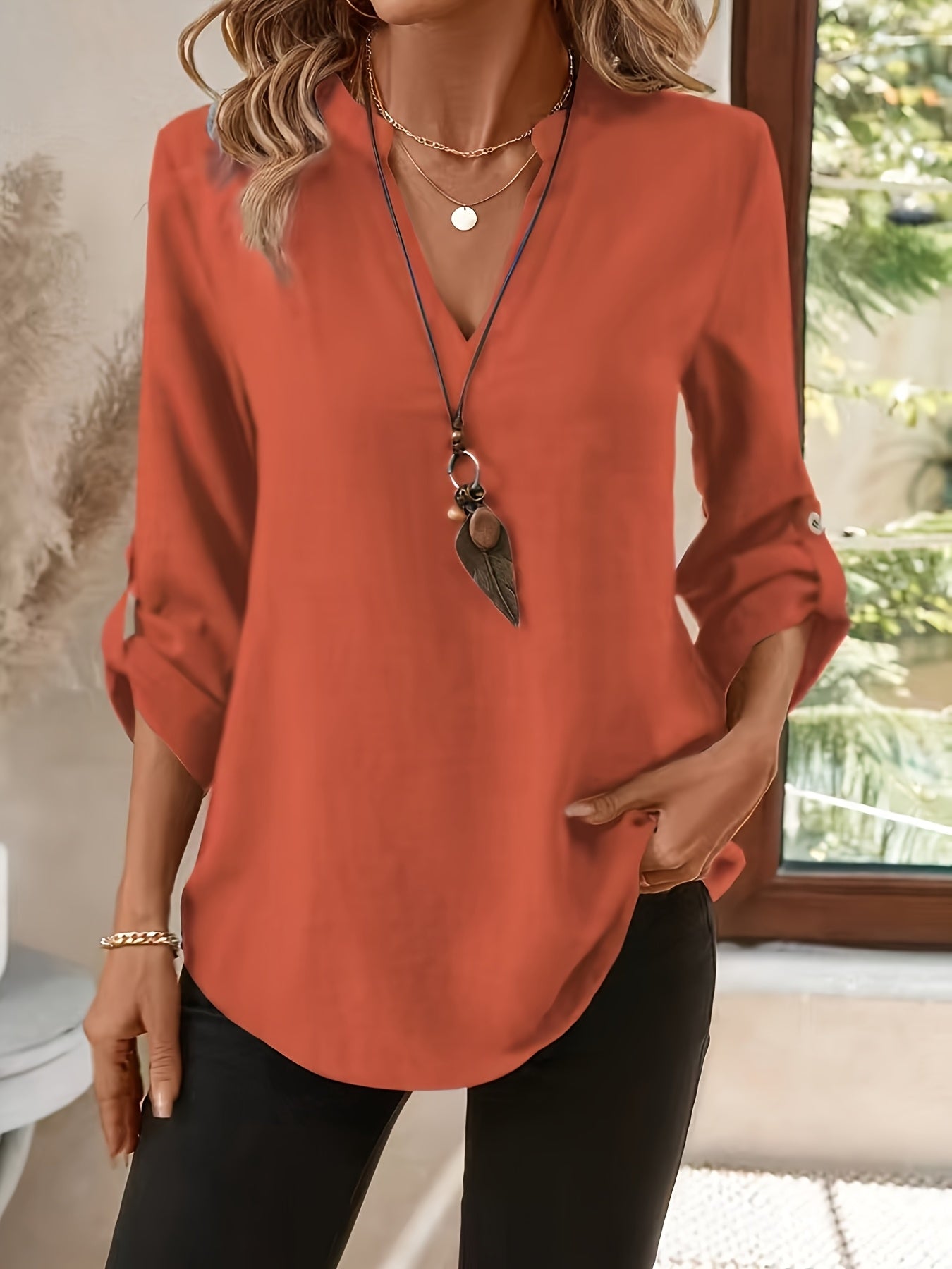 Effortless Chiffon Tunic Blouse for Women with V Neck Roll Tab Sleeve Relaxed Curved Hem Style