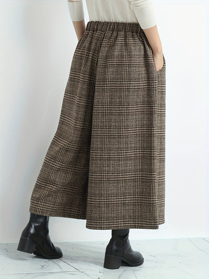Effortless Plaid Wide Leg Pants for Women with Elastic Waist Pocket Cropped Culotte Style