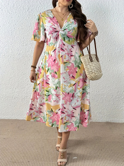 Elegant Leopard Print Midi Dress for Women with V Neck Flutter Sleeve Twist Front Flowing Style