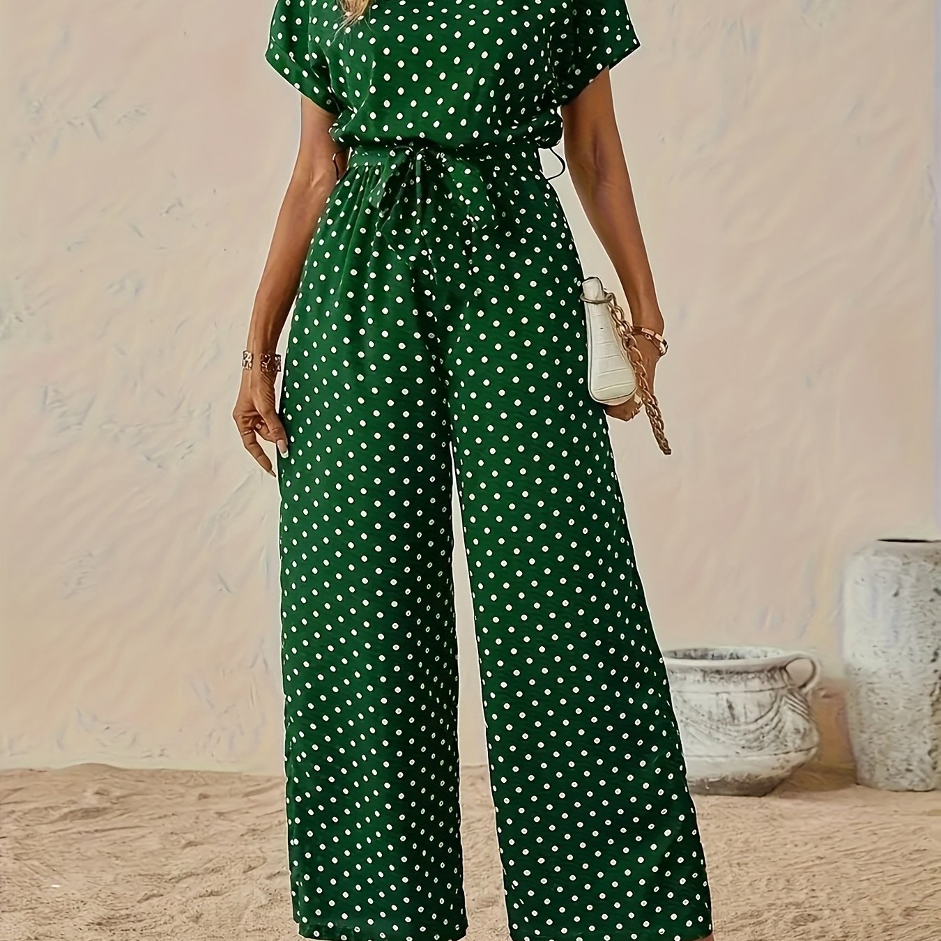 Effortless Polka Dot Jumpsuit for Women with Boat Neck Short Sleeve Belted Wide Leg Style