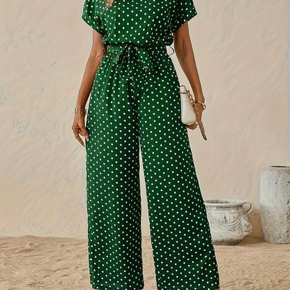 Effortless Polka Dot Jumpsuit for Women with Boat Neck Short Sleeve Belted Wide Leg Style