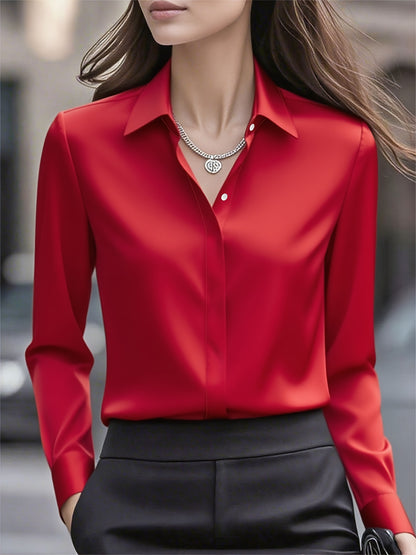 Elegant Satin Blouse for Women with Collar Long Sleeve Button Front Relaxed Silky Style