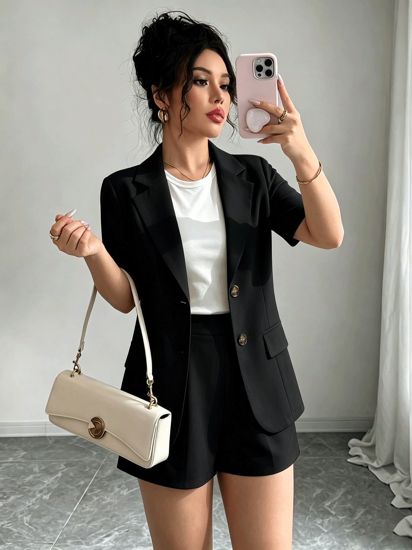 Elegant Tailored Blazer Two Piece Set for Women with Notch Lapel Short Sleeve Button Front Shorts Style