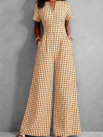 Effortless Gingham Wide Leg Jumpsuit for Women with V Neck Short Sleeve Fitted Waist Pocket Style
