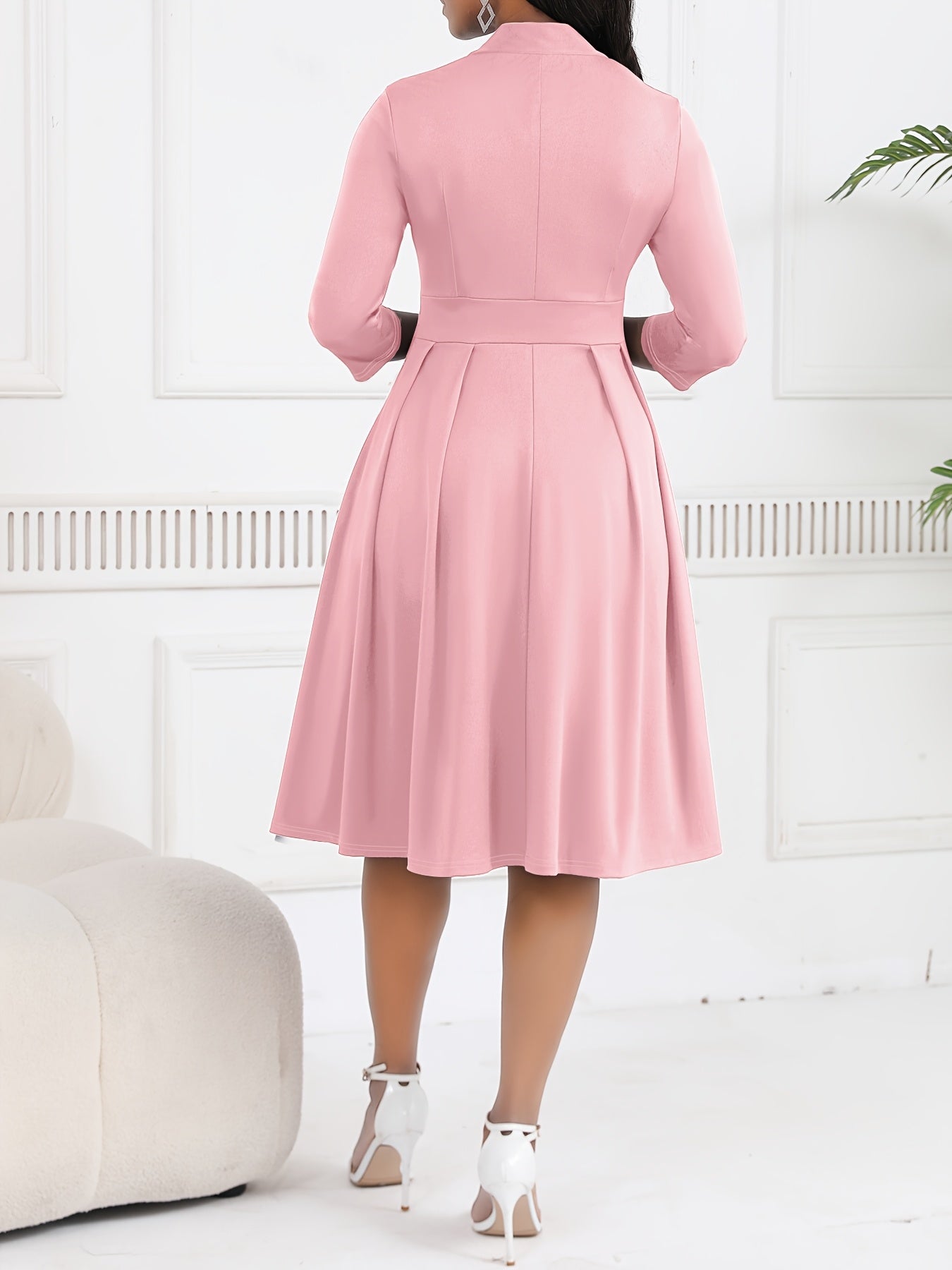 Elegant Knit Midi Dress for Women with Tie Neck Elbow Sleeve Pleated Fit and Flare Style