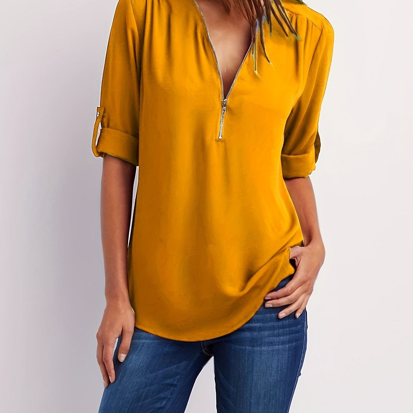 Effortless Chiffon Blouse for Women with Zip V Neck Roll Tab Sleeve Relaxed Casual Style