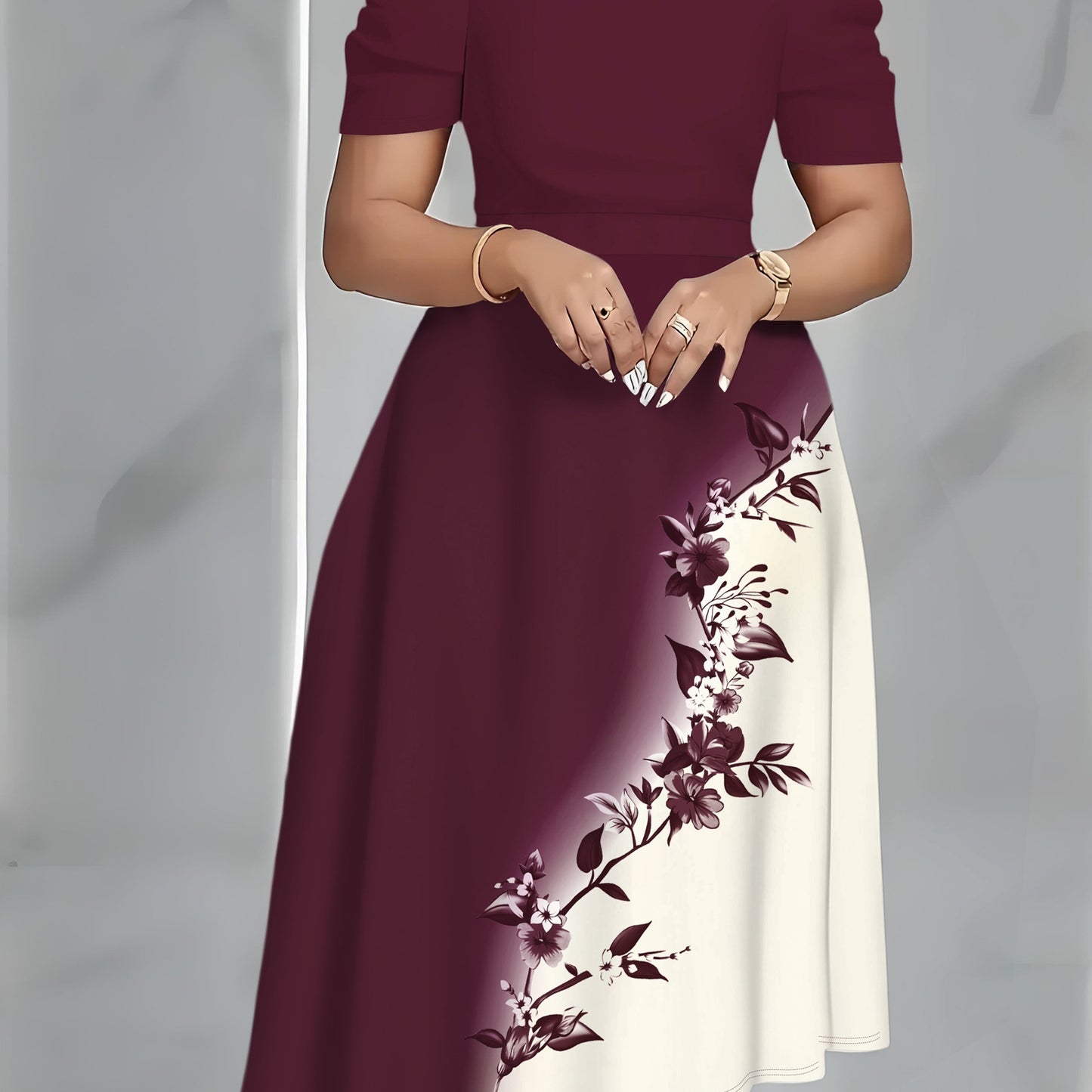 Elegant Burgundy Floral Midi Dress for Women with V Neck Short Sleeve A Line Flowing Style