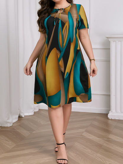 Effortless Geometric Print Shift Dress for Women with Round Neck Short Sleeve Tie Front Relaxed Casual Style