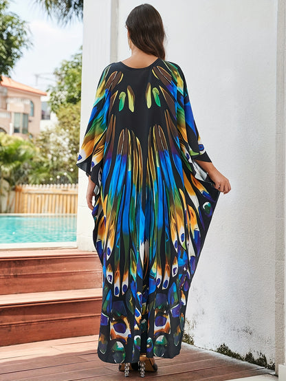Elegant Multicolor Peacock Print Kaftan Maxi Dress for Women with V Neck Batwing Sleeve Flowing Bohemian Style