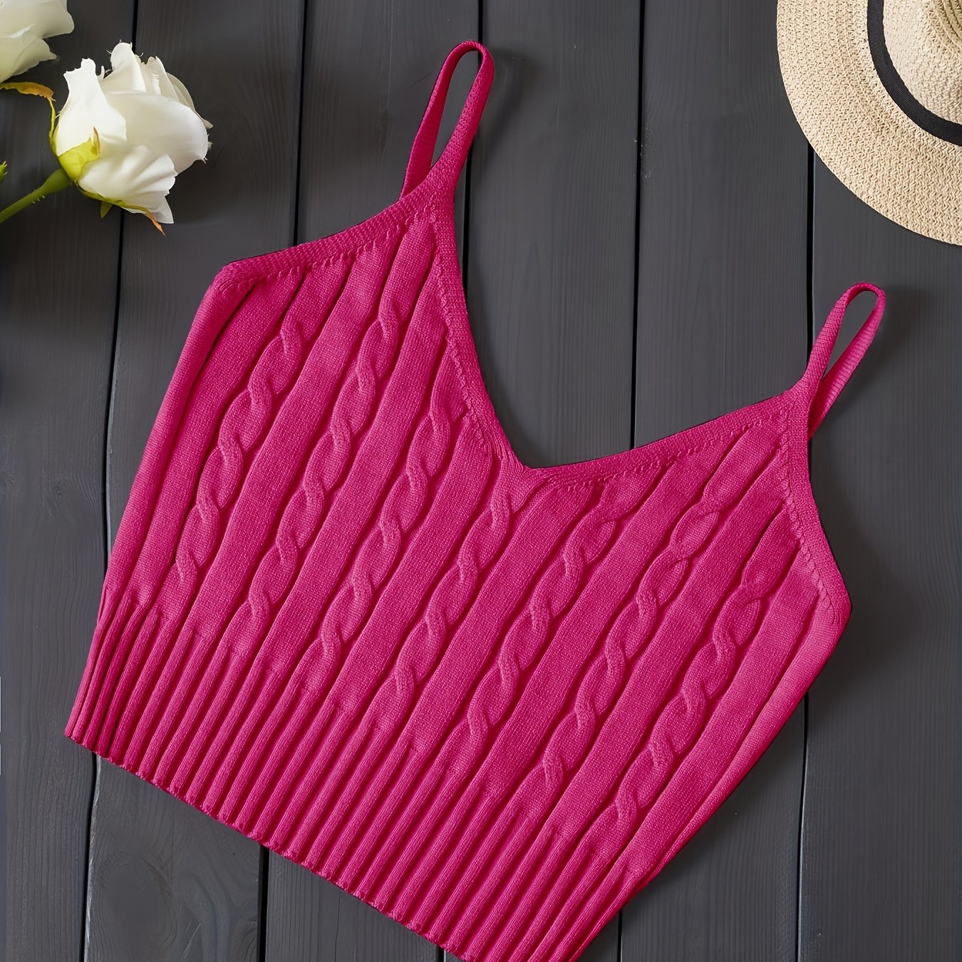 Effortless Cable Knit Crop Top for Women with V Neck Sleeveless Ribbed Fitted Tank Style