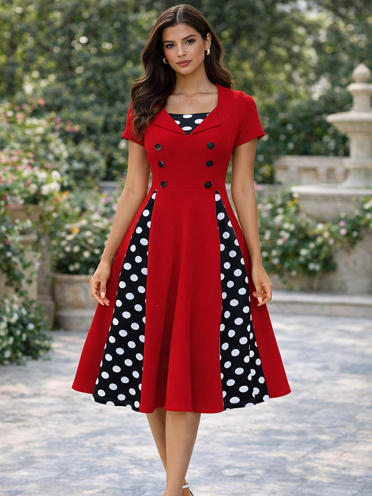 Elegant Red Polka Dot Midi Dress for Women with Collar Neckline Short Sleeve Button Front Flowing Style