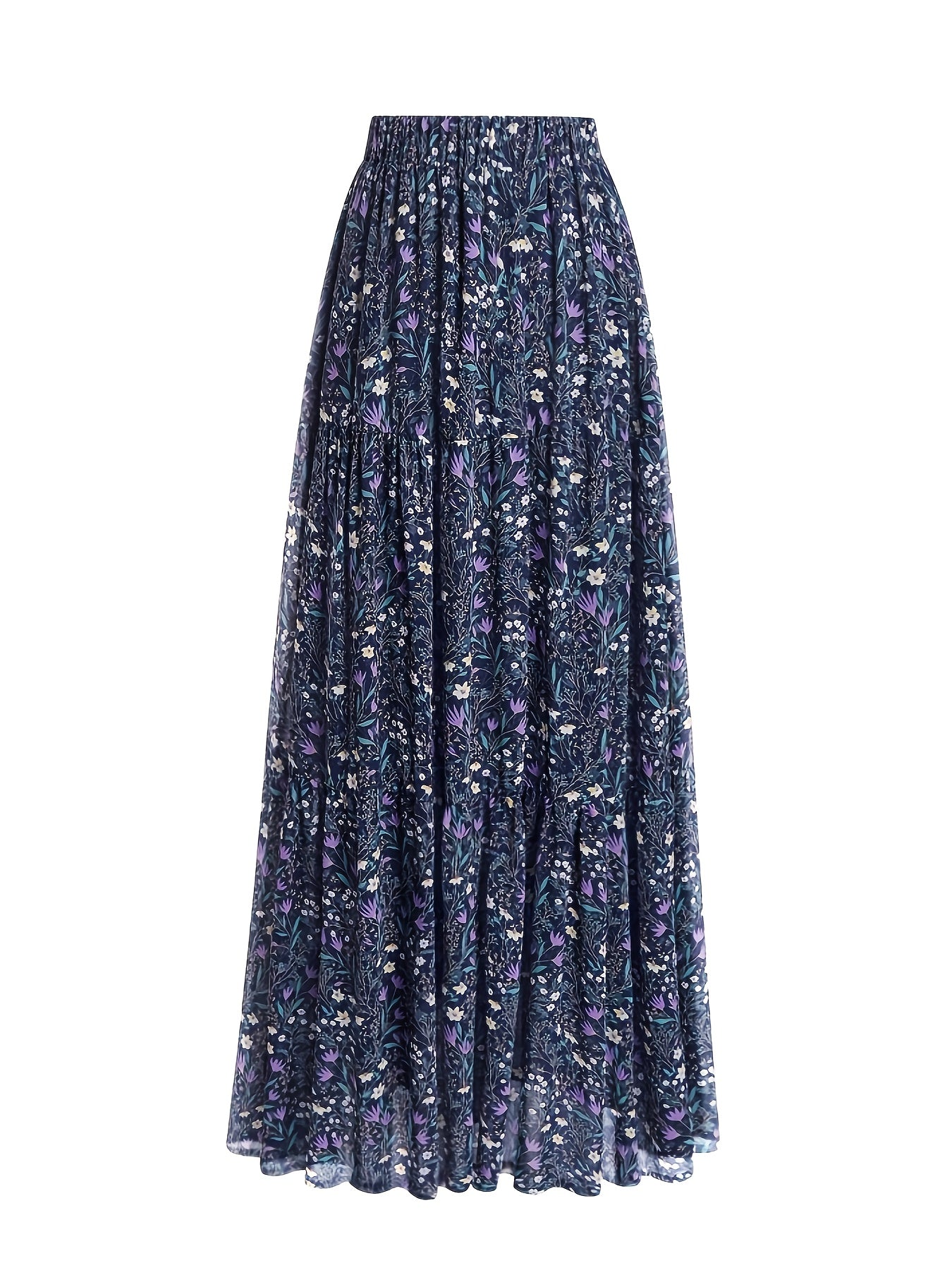 Effortless Blue Floral Maxi Skirt for Women with High Waist Tiered Ruffle Flowing Bohemian Style