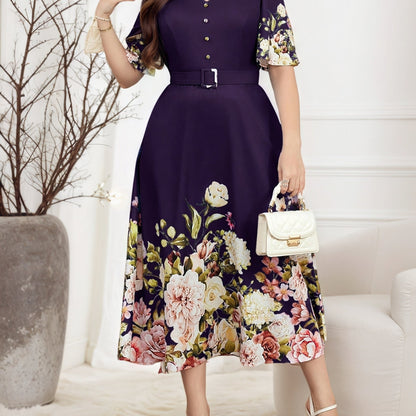 Effortless Floral Midi Dress for Women with V Neck Flutter Sleeve Belted A Line Style