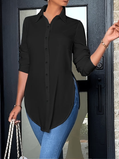 Effortless Longline Tunic Blouse for Women with Collar Long Sleeve High Low Hem Relaxed Style
