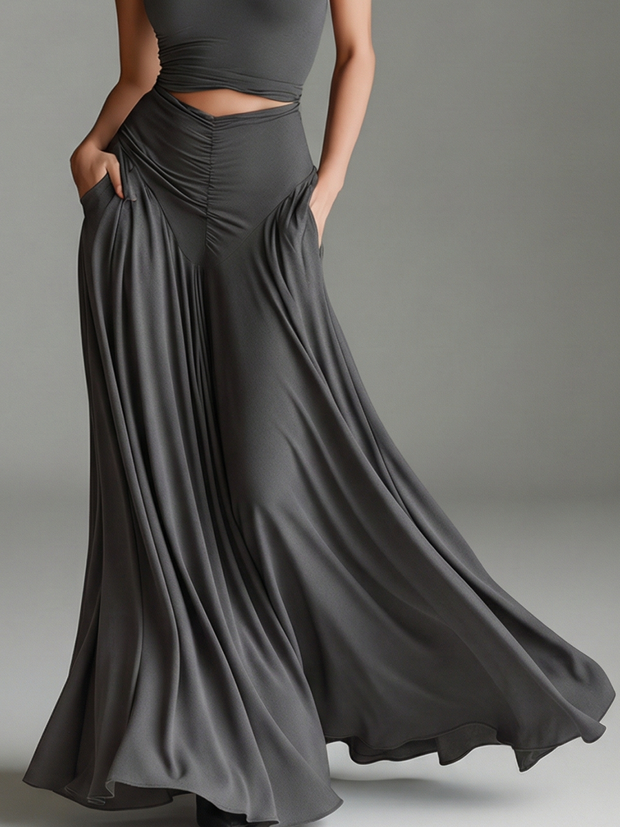 Elegant Gray Maxi Dress for Women with Turtleneck Halter Cutout Waist Ruched Skirt Sleeveless Formal Style