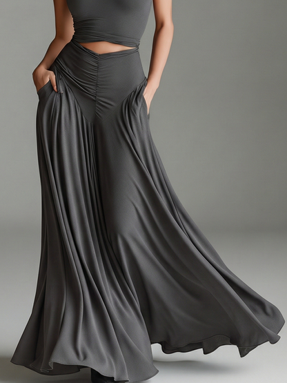 Elegant Gray Maxi Dress for Women with Turtleneck Halter Cutout Waist Ruched Skirt Sleeveless Formal Style