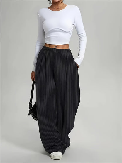 Elegant Black Pinstripe Wide Leg Trousers for Women with High Waist Pleated Relaxed Style