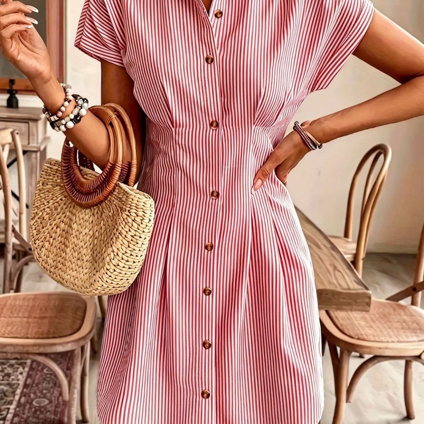 Elegant Striped Short-Sleeve A-Line Shirt Dress for Women, High-Waist Button-Up Casual Summer Office Dress in Light Pastel, Comfortable Polyester Fabric, French-Style, Solid Color, Women's Shirt Dress, Casual Shirt Dress, High-Waist, Office Dress