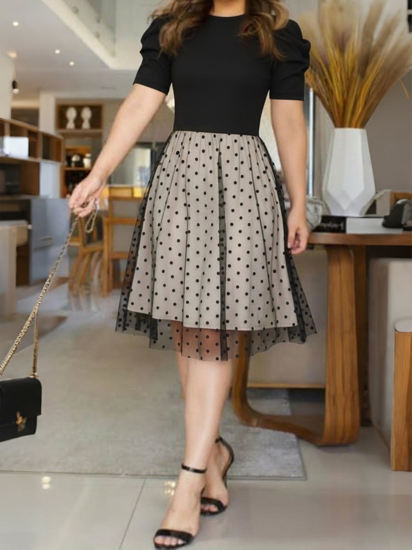 Elegant Black Polka Dot Midi Dress for Women with Round Neck Short Sleeve Mesh Overlay Cocktail Style