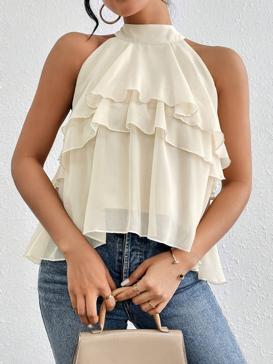 Elegant Beige Chiffon Blouse for Women with High Neck Sleeveless Tiered Ruffle Flowing Style