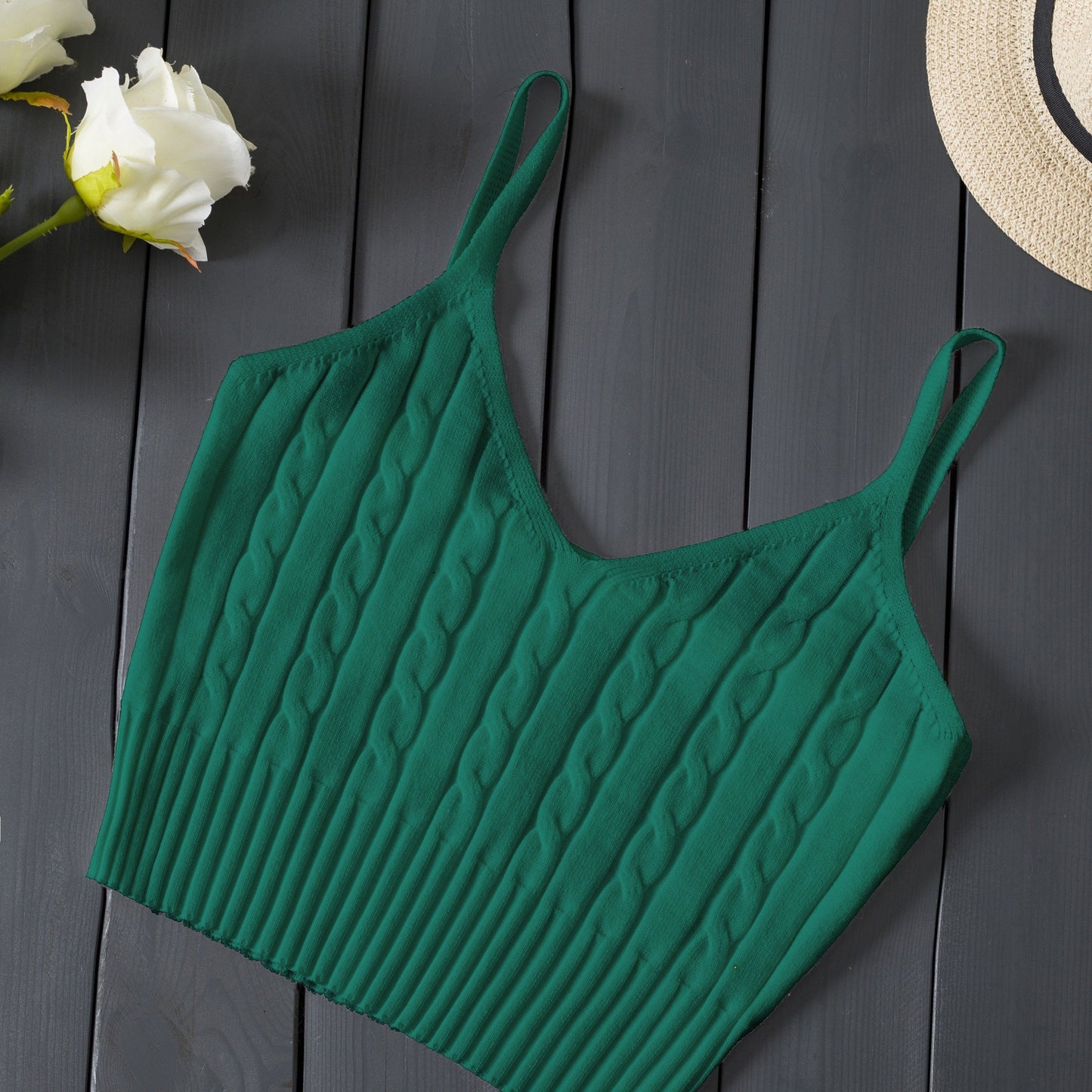 Effortless Cable Knit Crop Top for Women with V Neck Sleeveless Ribbed Fitted Tank Style
