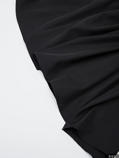 Elegant Black Satin Midi Dress for Women with Round Neck Sleeveless Belted Flared Style