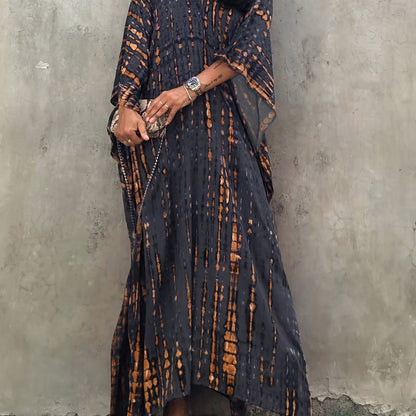 Effortless Tie Dye Maxi Dress for Women with V Neck Bell Sleeve Kaftan Flowing Bohemian Style