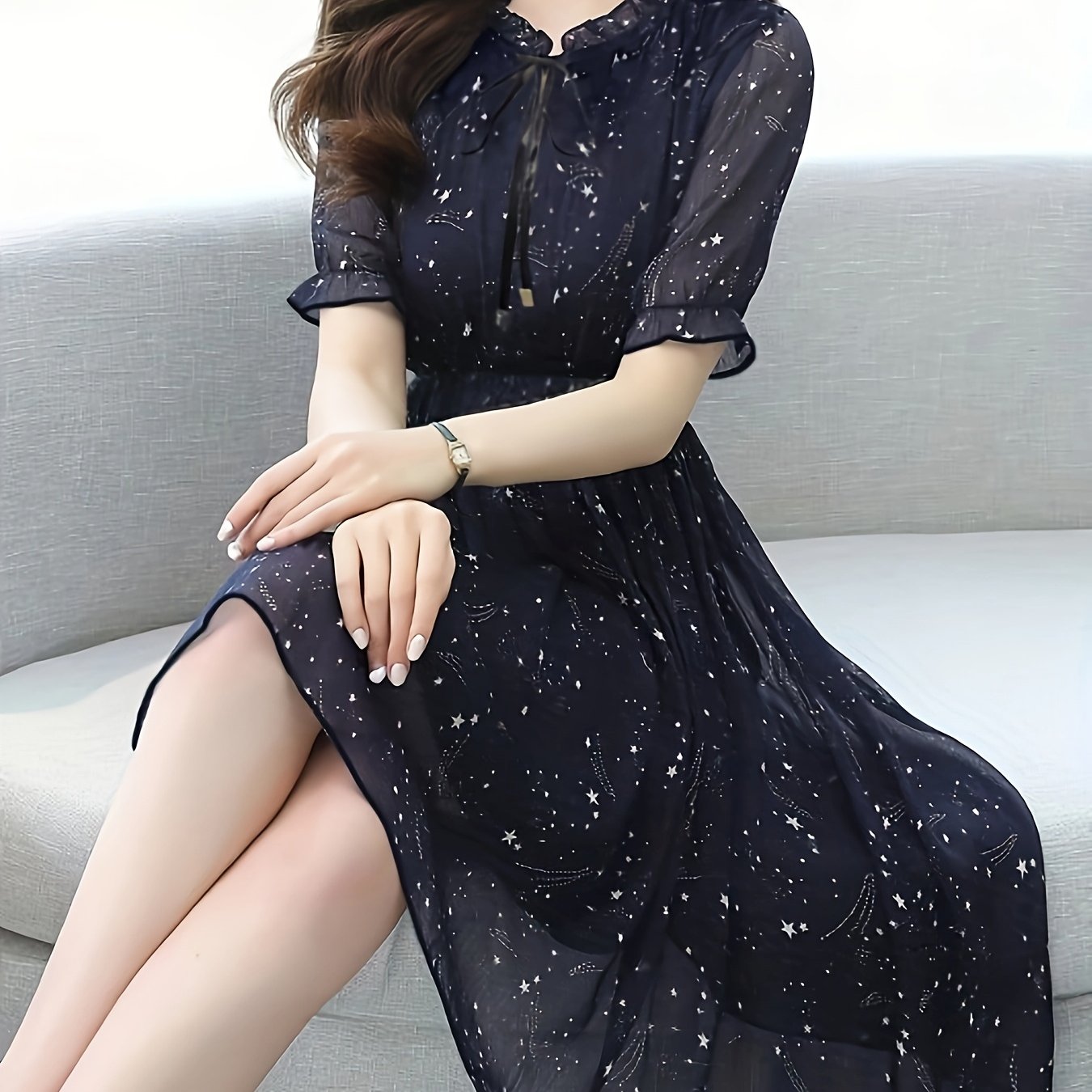 Elegant Navy Star Print Midi Dress for Women with Tie Neck Flutter Sleeve Ruffle Hem Flowing Wedding Guest Style