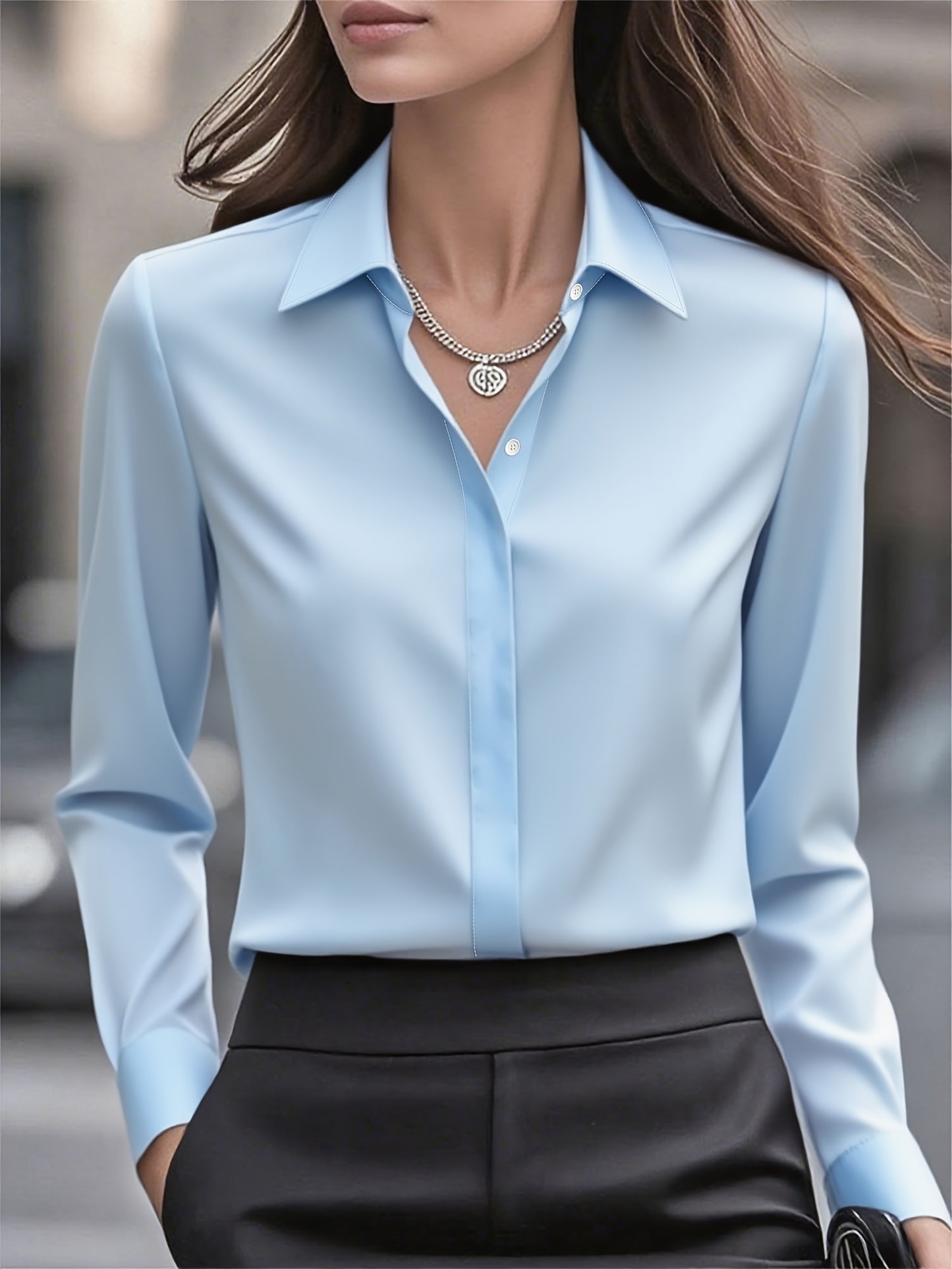 Elegant Satin Blouse for Women with Collar Long Sleeve Button Front Relaxed Silky Style