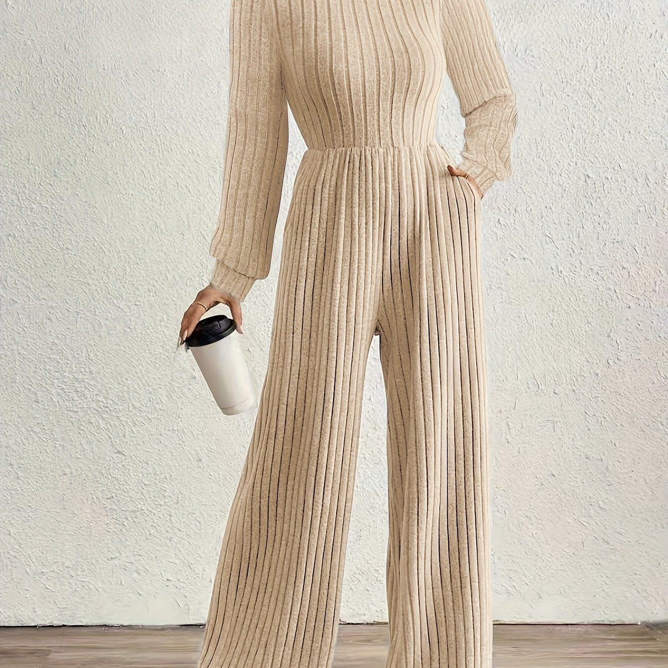 Effortless Ribbed Knit Jumpsuit for Women with Mock Neck Long Sleeve Wide Leg Relaxed Style