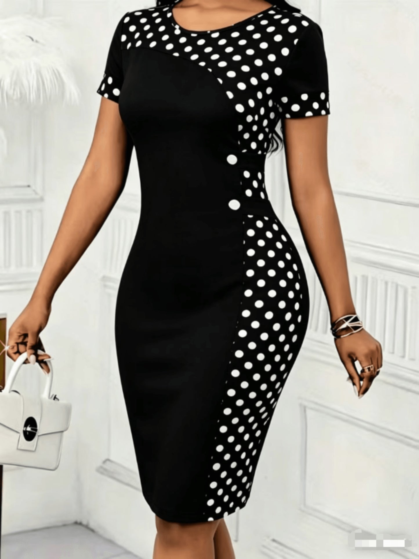 Elegant Polka Dot Colorblock Midi Dress for Women with Round Neck Short Sleeve Button Detail Bodycon Style
