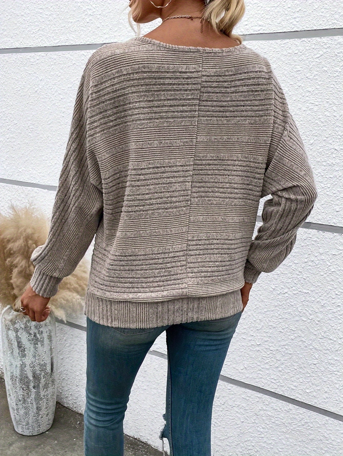 Comfortable Ribbed Knit Sweater for Women with Boat Neck Batwing Sleeve Oversized Relaxed Style