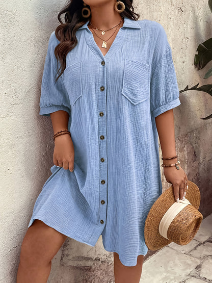Effortless Wheat Cotton Shirt Dress for Women with Collar Elbow Sleeve Button Front Relaxed Casual Style