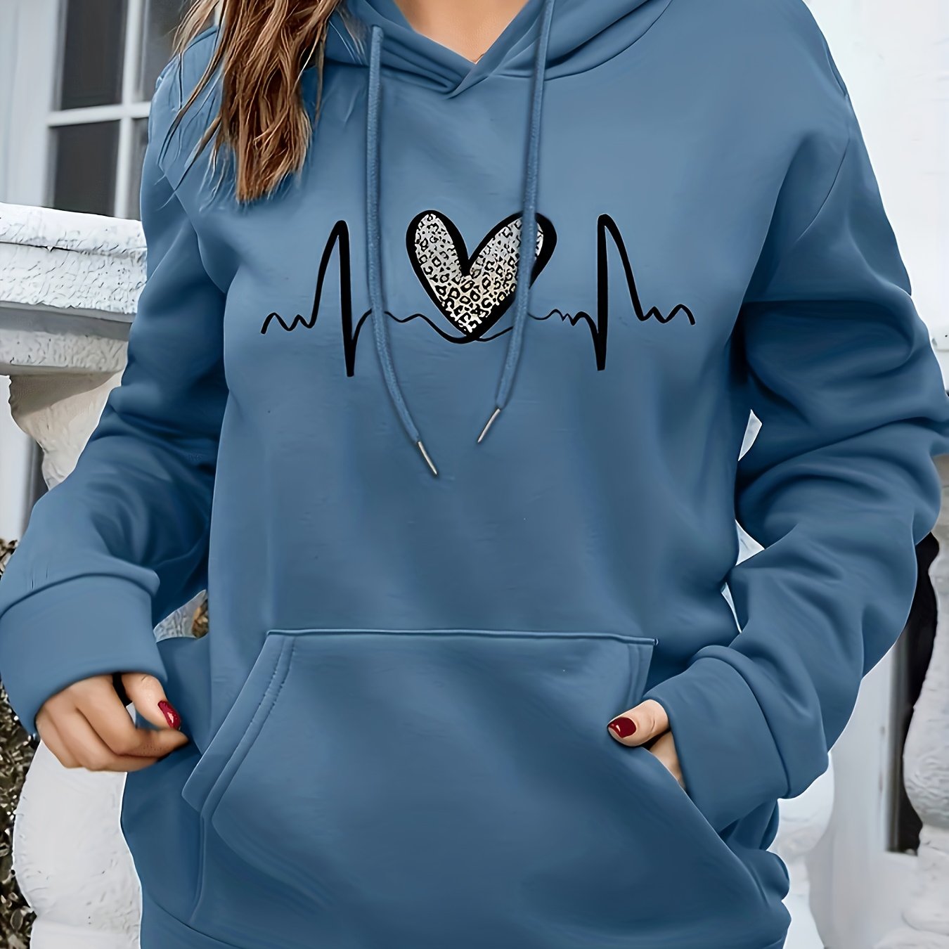 Comfortable Heartbeat Print Hoodie for Women with Drawstring Hood Long Sleeve Kangaroo Pocket Oversized Style