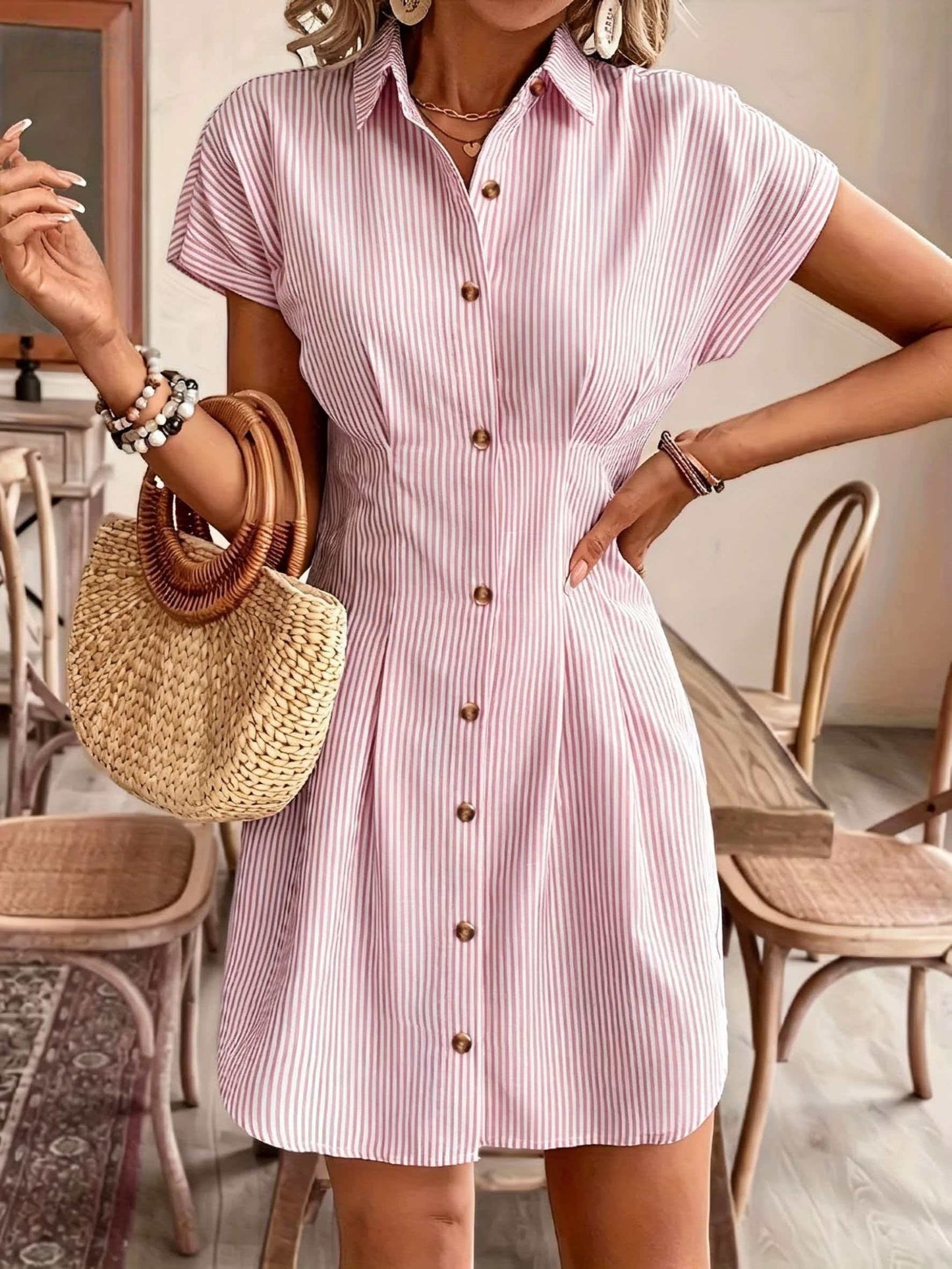 Elegant Striped Short-Sleeve A-Line Shirt Dress for Women, High-Waist Button-Up Casual Summer Office Dress in Light Pastel, Comfortable Polyester Fabric, French-Style, Solid Color, Women's Shirt Dress, Casual Shirt Dress, High-Waist, Office Dress