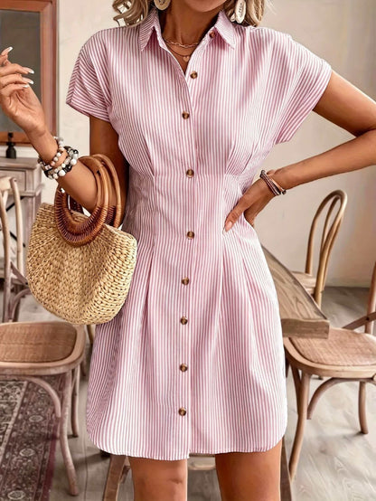 Elegant Striped Short-Sleeve A-Line Shirt Dress for Women, High-Waist Button-Up Casual Summer Office Dress in Light Pastel, Comfortable Polyester Fabric, French-Style, Solid Color, Women's Shirt Dress, Casual Shirt Dress, High-Waist, Office Dress