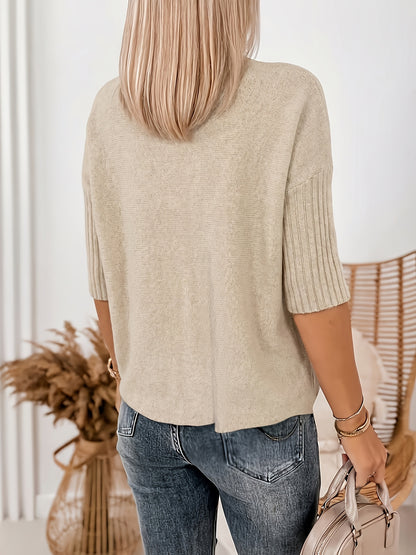 Comfortable Ribbed Sweater for Women with Turtleneck Short Sleeve Relaxed Oversized Knit Style