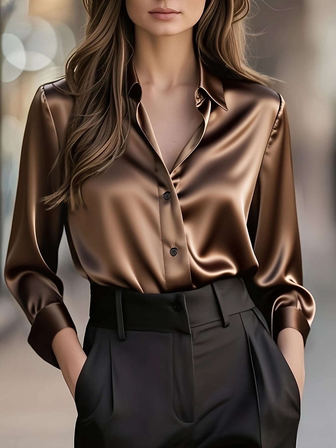 Elegant Satin Blouse for Women with Notched Collar Long Sleeve Button Front Silky Style