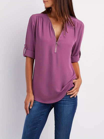 Effortless Chiffon Blouse for Women with Zip V Neck Roll Tab Sleeve Relaxed Casual Style