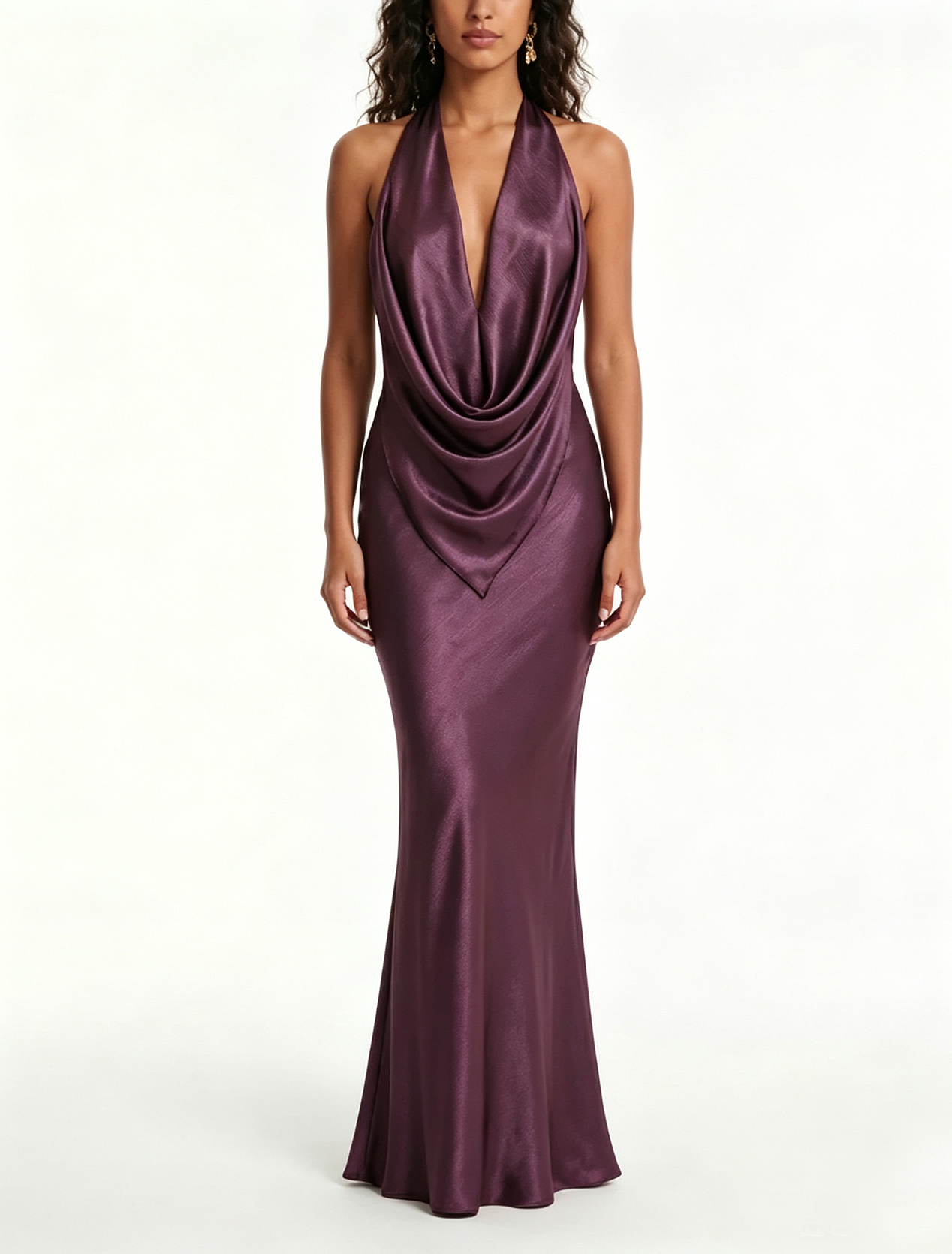 Elegant Purple Satin Maxi Dress for Women with Cowl Neck Halter Backless Formal Wedding Guest Style