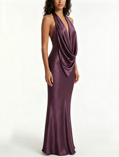 Elegant Purple Satin Maxi Dress for Women with Cowl Neck Halter Backless Formal Wedding Guest Style