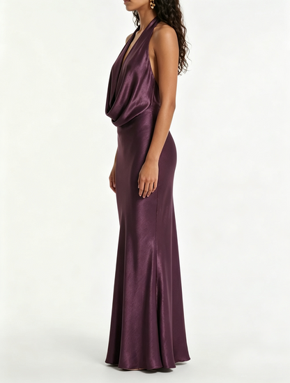 Elegant Purple Satin Maxi Dress for Women with Cowl Neck Halter Backless Formal Wedding Guest Style