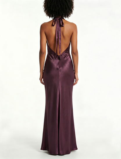 Elegant Purple Satin Maxi Dress for Women with Cowl Neck Halter Backless Formal Wedding Guest Style