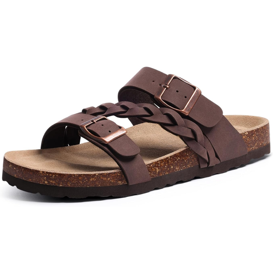 Effortless Braided Buckle Sandal for Women with Cork Footbed Double Strap Slide Style