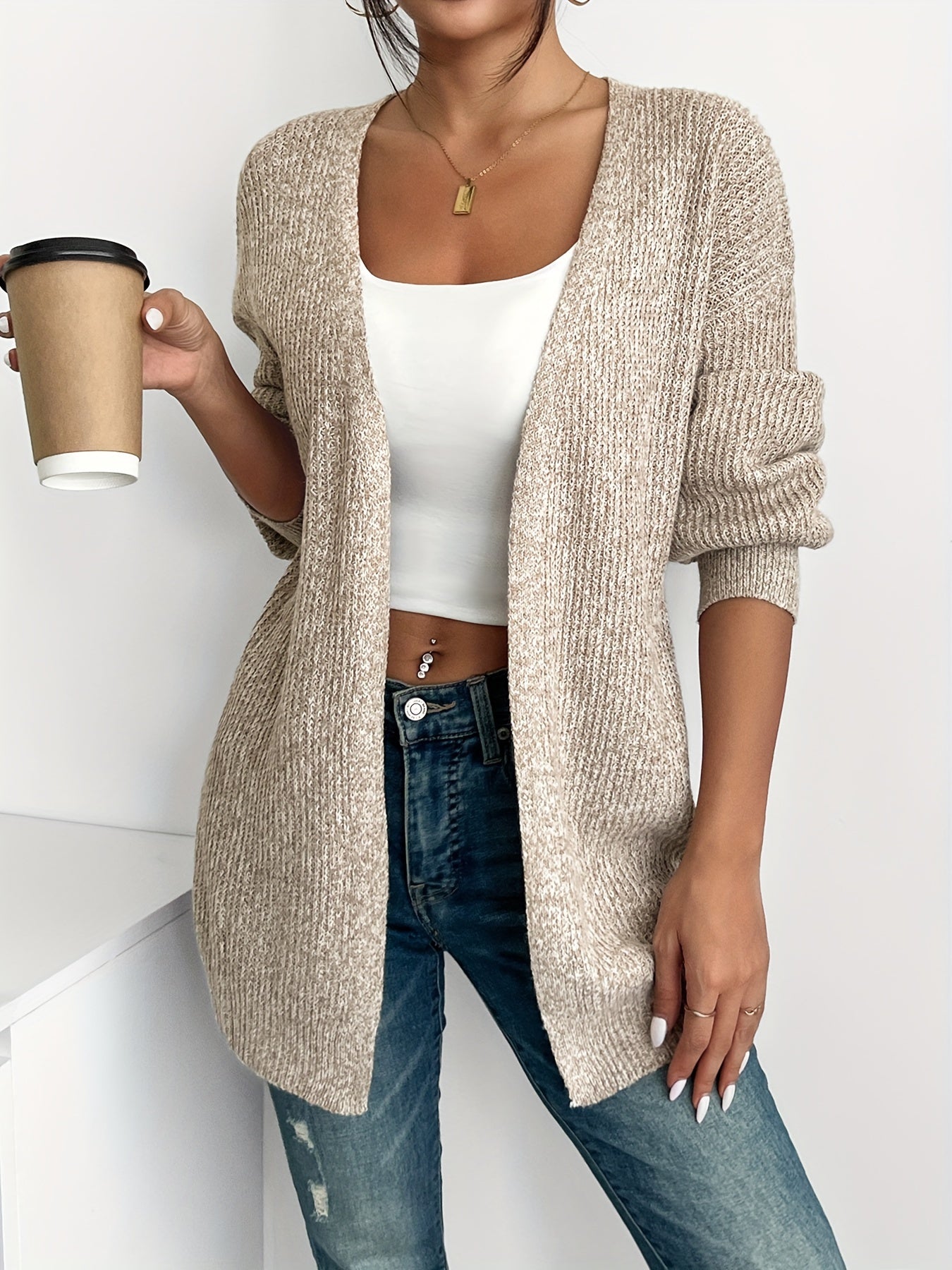 Comfortable Light Yellow Ribbed Knit Cardigan for Women with Open Front Balloon Sleeve Oversized Relaxed Style