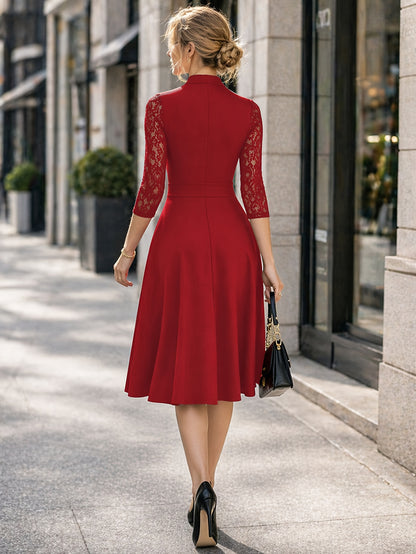 Elegant Lace Midi Dress for Women with Notch Neck Three Quarter Sleeve Fit and Flare Cocktail Style