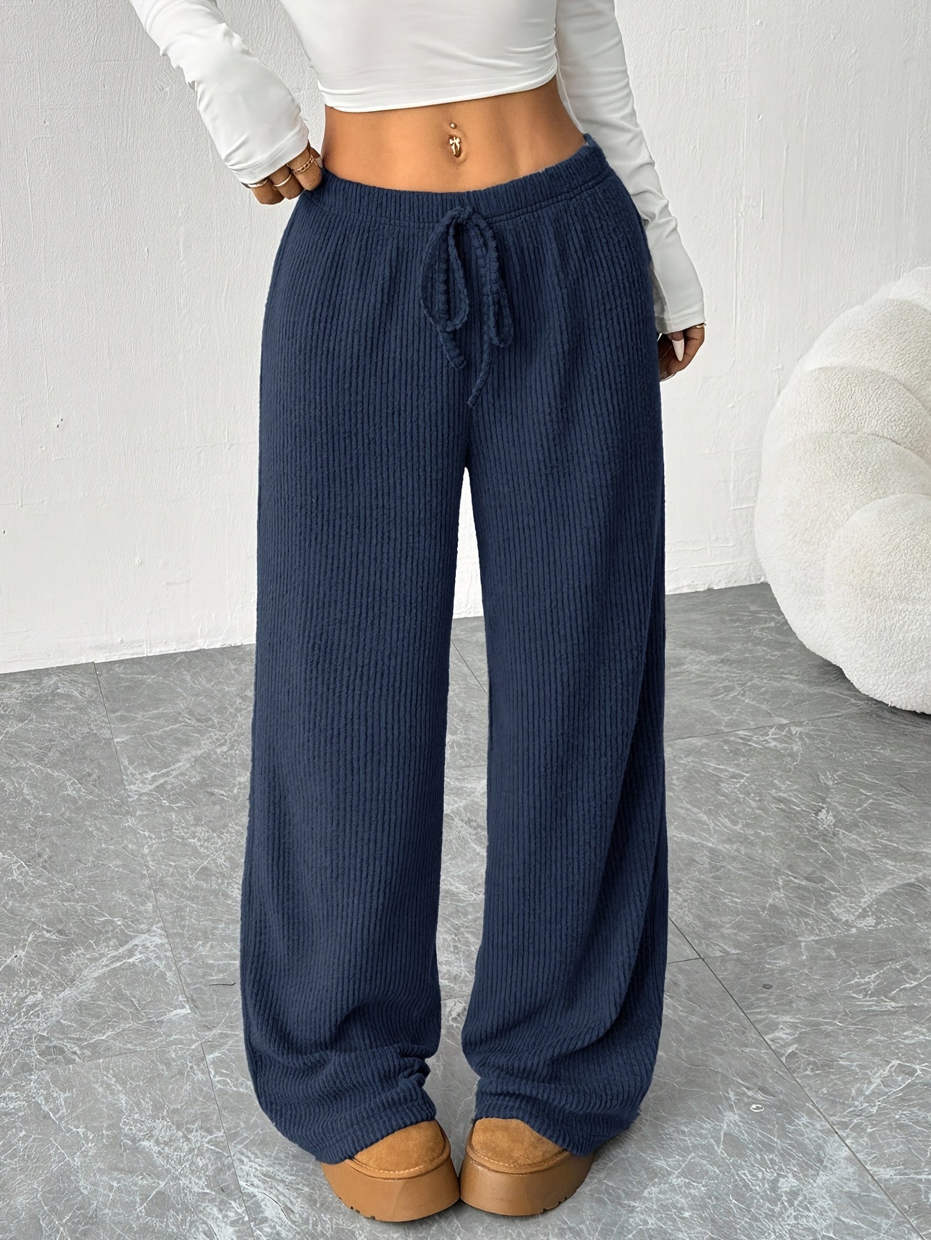 Effortless Ribbed Knit Wide Leg Pants for Women with High Waist Drawstring Relaxed Flowing Casual Style