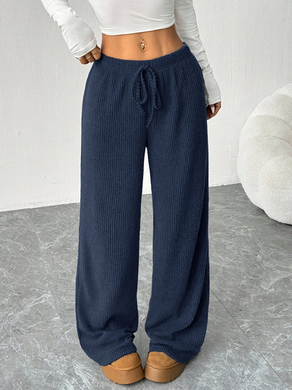 Effortless Ribbed Knit Wide Leg Pants for Women with High Waist Drawstring Relaxed Flowing Casual Style